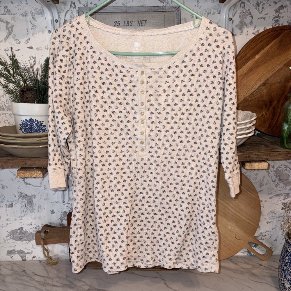 Women's Faded Glory 2XL Henley Floral Waffle Knit Cozy Fall Shirt 100% Cotton